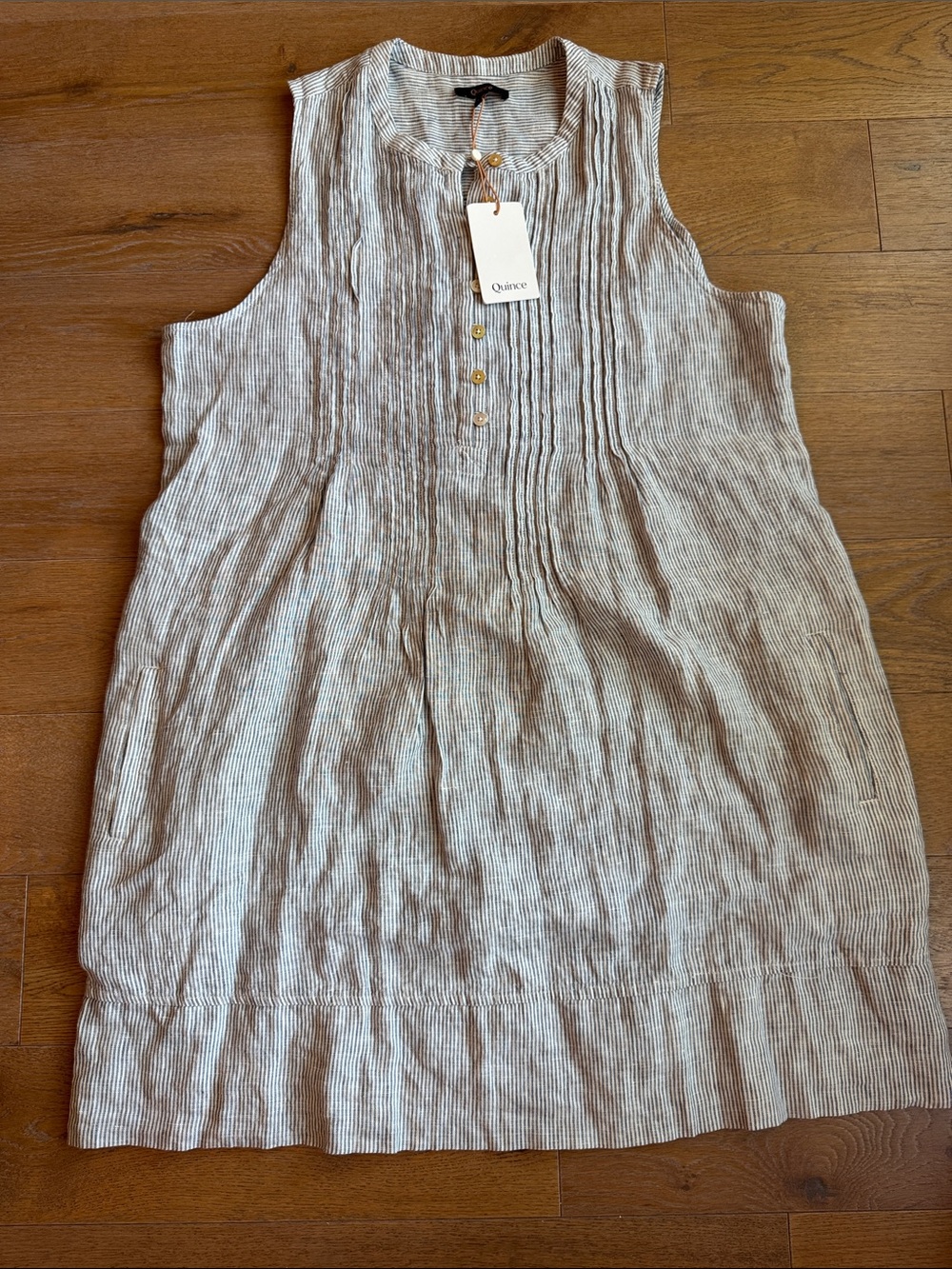 Quince Linen Sleeveless Pintuck Tunic Dress - Light Blue Stripe